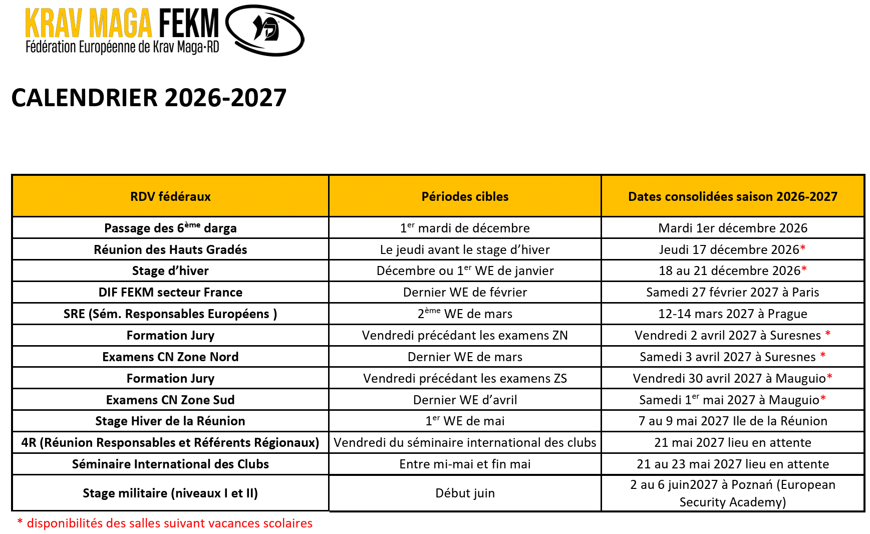 CALENDRIER 2026-2027 FEKM : Rendez-vous fédéral / Passage des 6ème darga